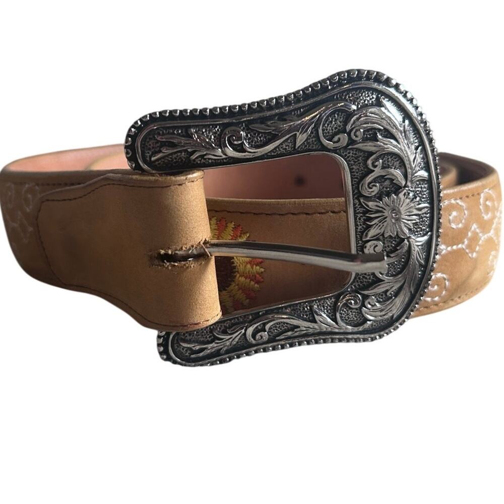 McAllen Women's 34 Leather Western Belt Silver Floral embroidered  Buckle Brown